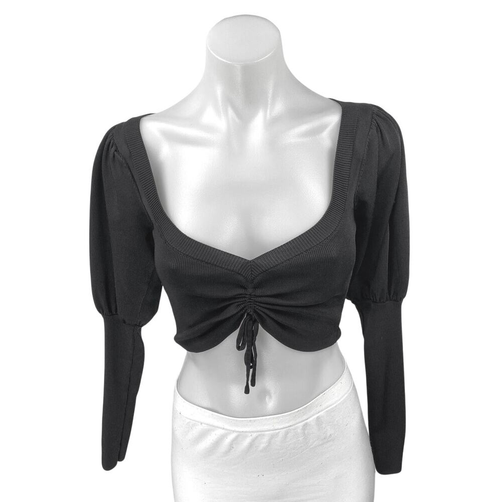 Zara Women's Black Long Balloon Puff Sleeve Ruched Tie Cropped Blouse Top Size S